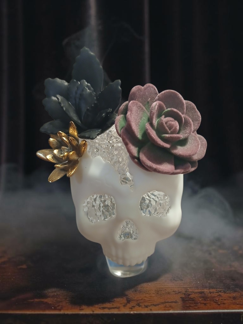 Decorative Frosted Glass Skull Vase w/ Pink & Black Succulent Wallflower Holder